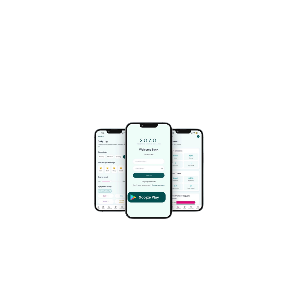 Sozo app shown on three phones